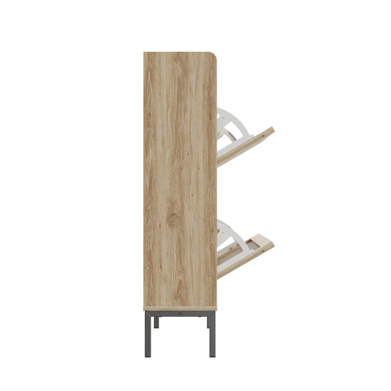 Meuble à chaussures à portes basculantes avec plateau en teck et noir – Portes à éléments grillagés