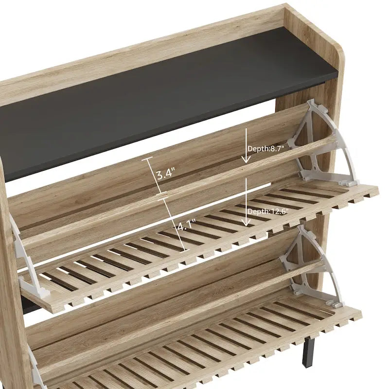 Meuble à chaussures à portes basculantes avec plateau en teck et noir – Portes à éléments grillagés
