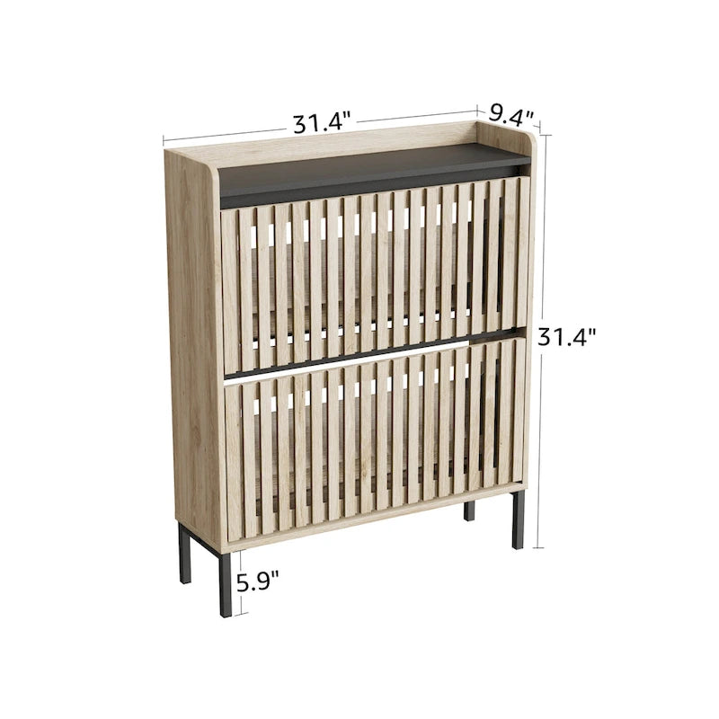 Meuble à chaussures à portes basculantes avec plateau en teck et noir – Portes à éléments grillagés
