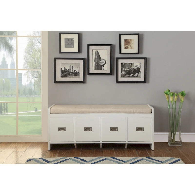 Banc de rangement capitonné avec 4 tiroirs, assise en tissu beige et piètement luge blanc