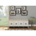 Banc de rangement capitonné avec 4 tiroirs, assise en tissu beige et piètement luge blanc
