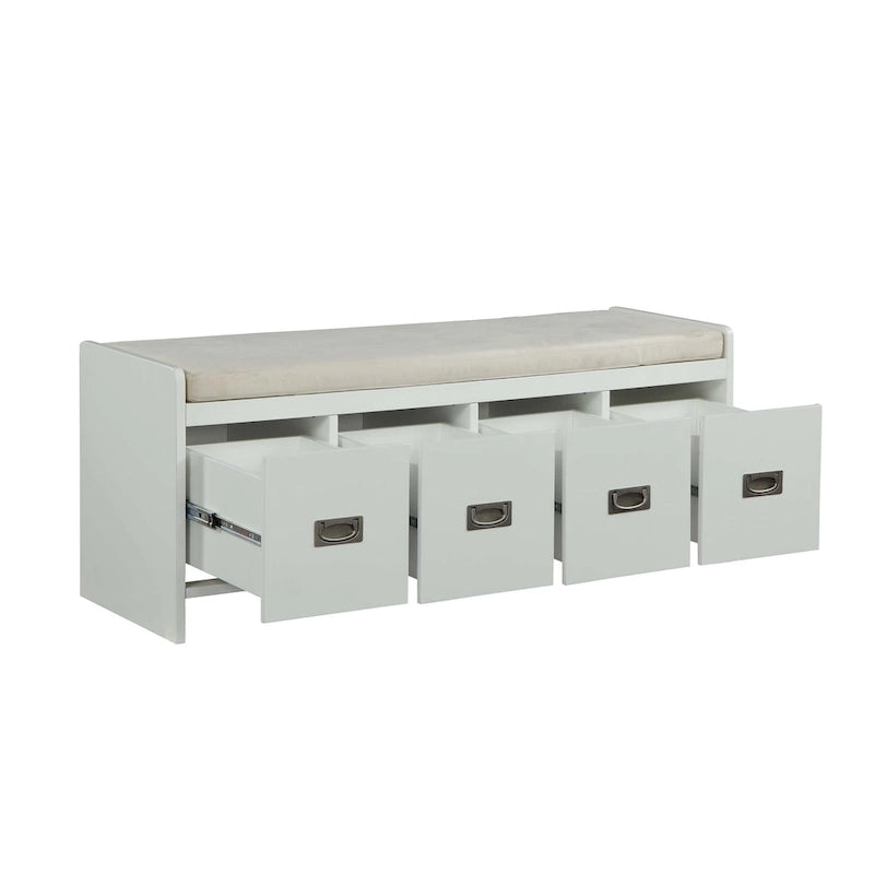 Banc de rangement capitonné avec 4 tiroirs, assise en tissu beige et piètement luge blanc