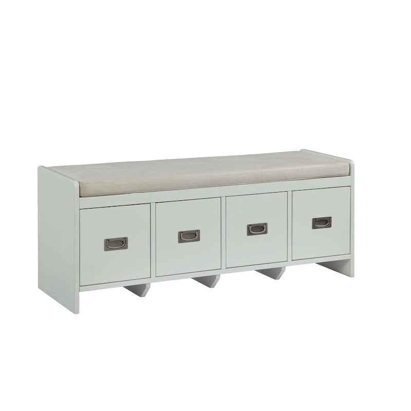 Banc de rangement capitonné avec 4 tiroirs, assise en tissu beige et piètement luge blanc