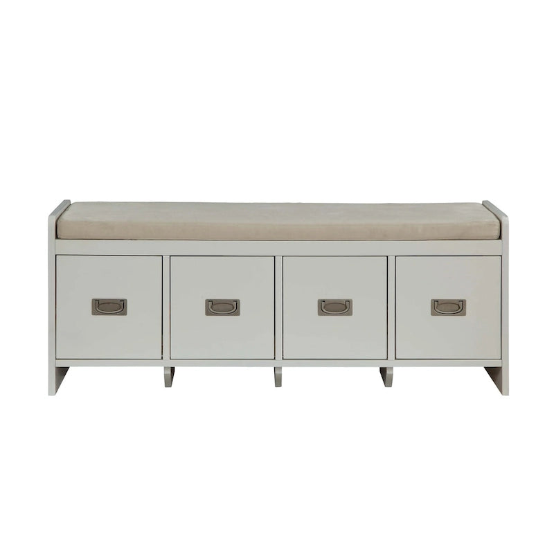 Banc de rangement capitonné avec 4 tiroirs, assise en tissu beige et piètement luge blanc
