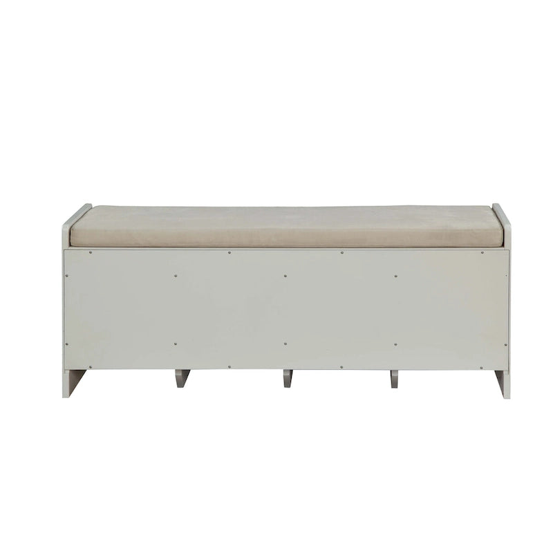 Banc de rangement capitonné avec 4 tiroirs, assise en tissu beige et piètement luge blanc
