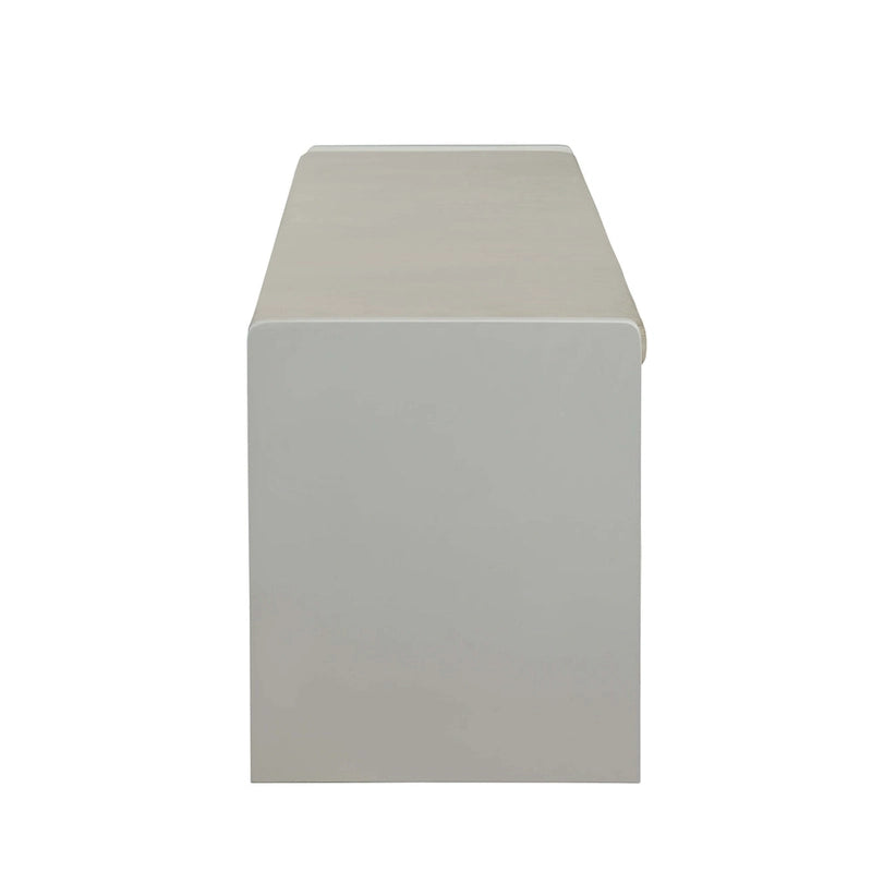 Banc de rangement capitonné avec 4 tiroirs, assise en tissu beige et piètement luge blanc