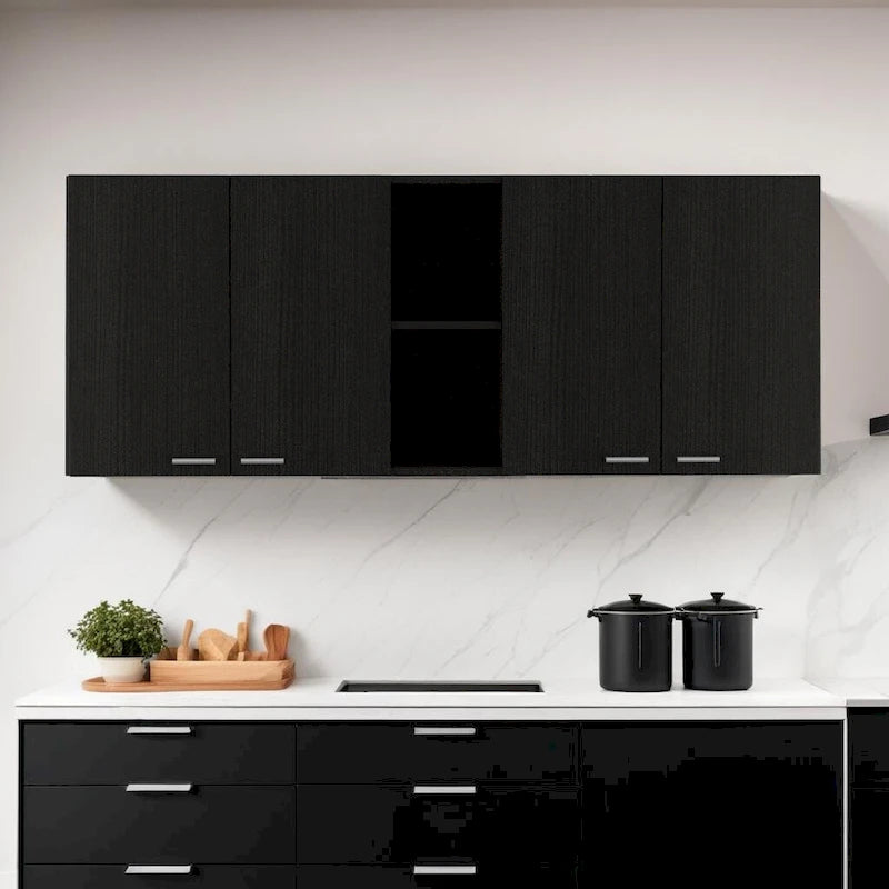 Meuble d'appoint mural de 59 po avec 4 portes et 2 casiers ouverts – Bois noir, 5 étagères