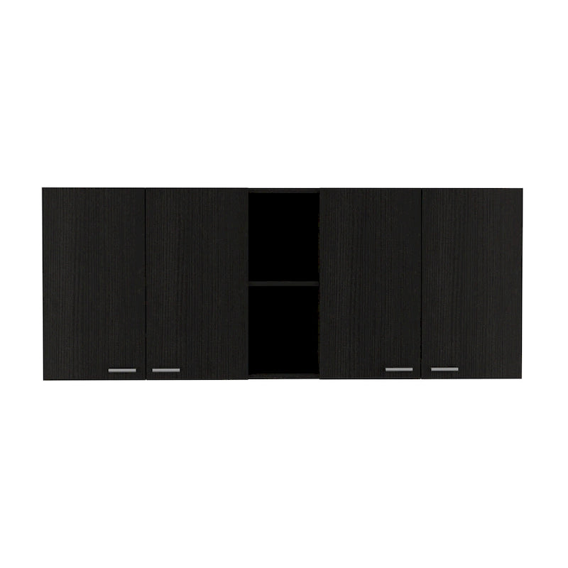 Meuble d'appoint mural de 59 po avec 4 portes et 2 casiers ouverts – Bois noir, 5 étagères