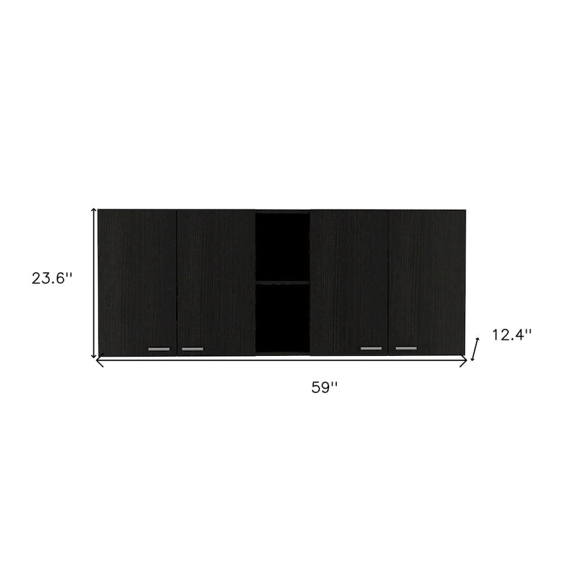 Meuble d'appoint mural de 59 po avec 4 portes et 2 casiers ouverts – Bois noir, 5 étagères