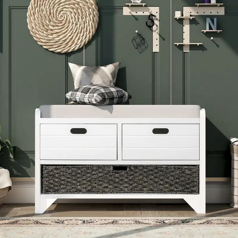 Banc de rangement en bois avec panier amovible et 2 tiroirs