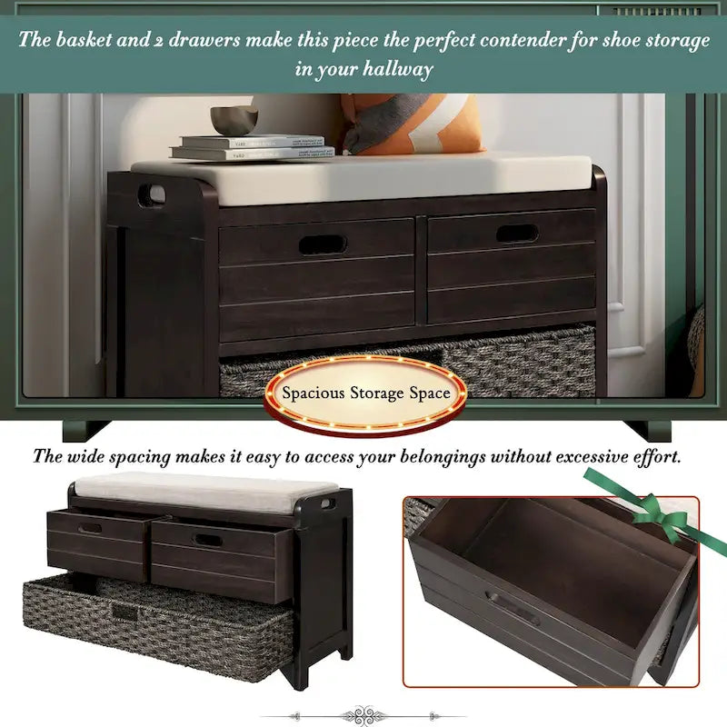 Banc de rangement en bois avec panier amovible et 2 tiroirs