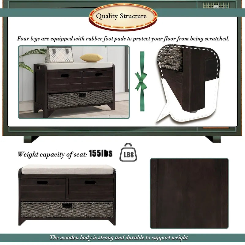 Banc de rangement en bois avec panier amovible et 2 tiroirs