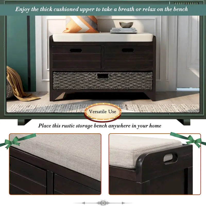 Banc de rangement en bois avec panier amovible et 2 tiroirs