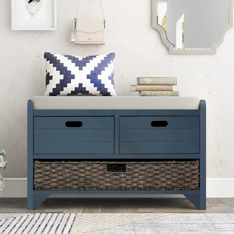 Banc de rangement en bois avec panier amovible et 2 tiroirs