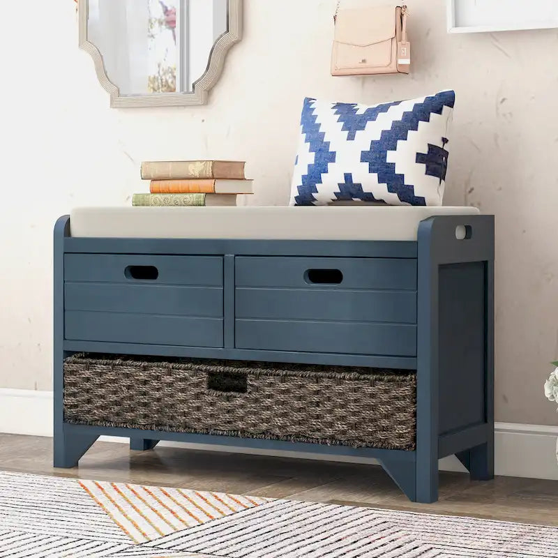 Banc de rangement en bois avec panier amovible et 2 tiroirs