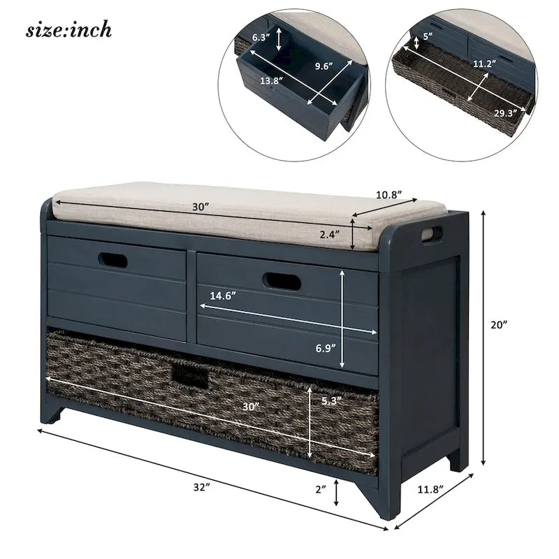 Banc de rangement en bois avec panier amovible et 2 tiroirs