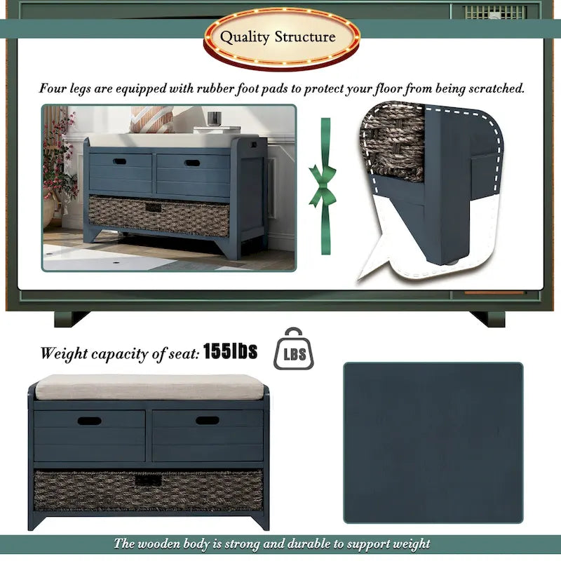 Banc de rangement en bois avec panier amovible et 2 tiroirs