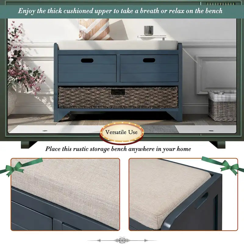 Banc de rangement en bois avec panier amovible et 2 tiroirs