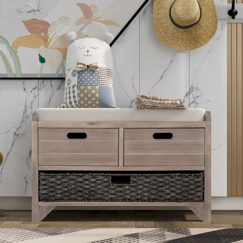 Banc de rangement en bois avec panier amovible et 2 tiroirs
