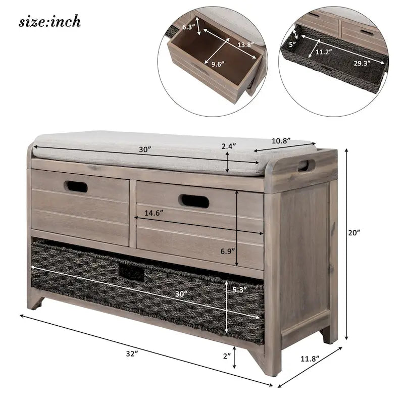 Banc de rangement en bois avec panier amovible et 2 tiroirs