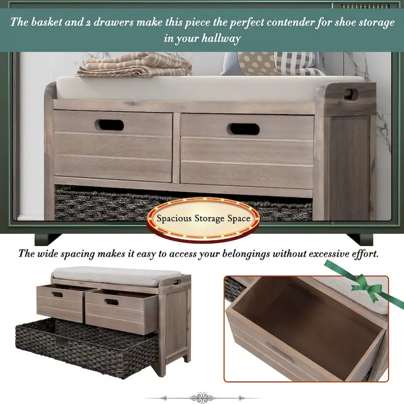 Banc de rangement en bois avec panier amovible et 2 tiroirs