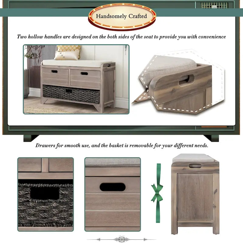 Banc de rangement en bois avec panier amovible et 2 tiroirs