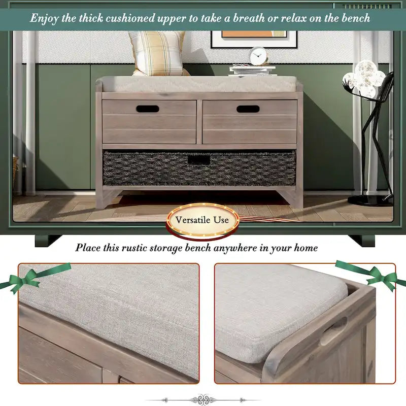 Banc de rangement en bois avec panier amovible et 2 tiroirs