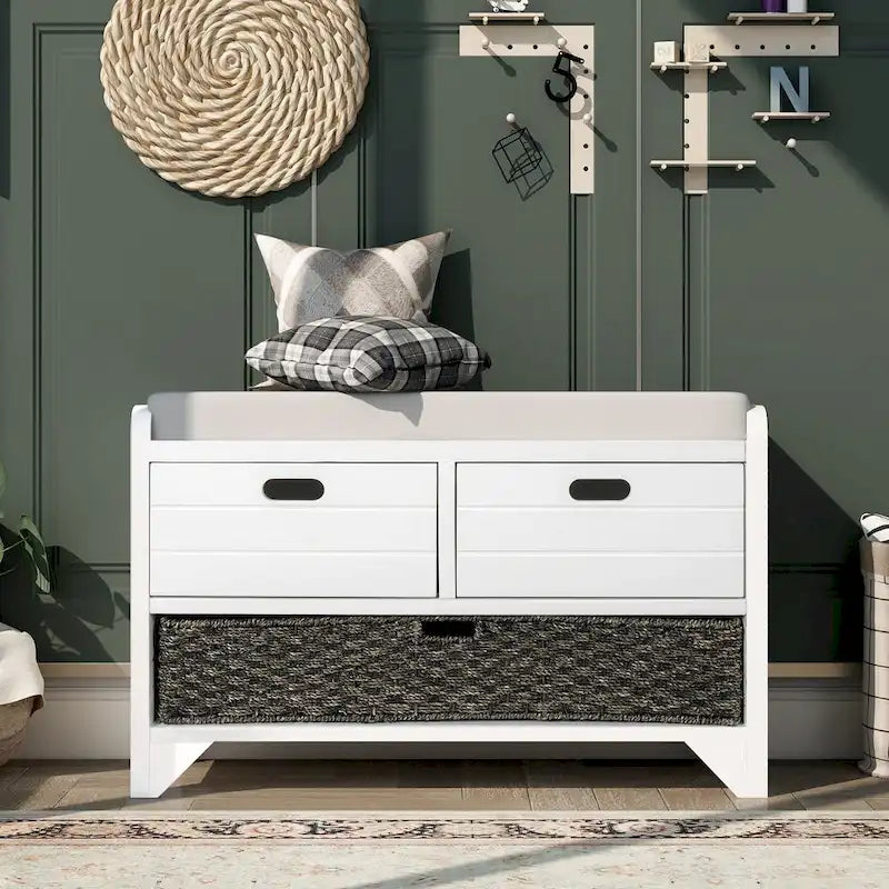 Banc de rangement en bois avec panier amovible et 2 tiroirs