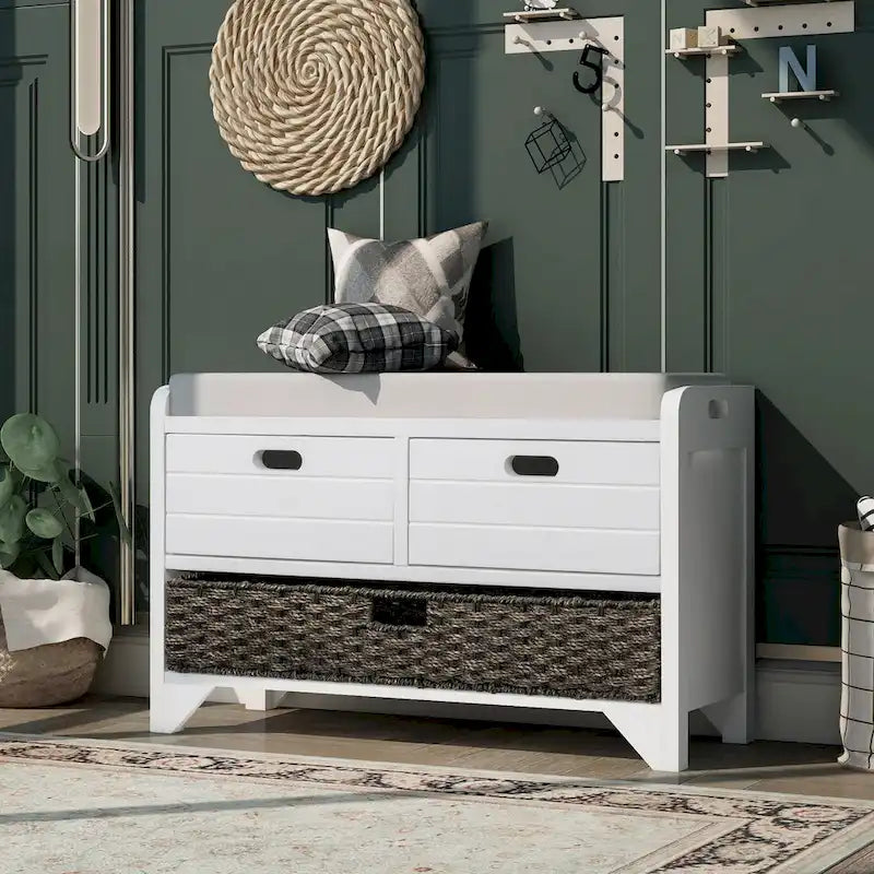 Banc de rangement en bois avec panier amovible et 2 tiroirs