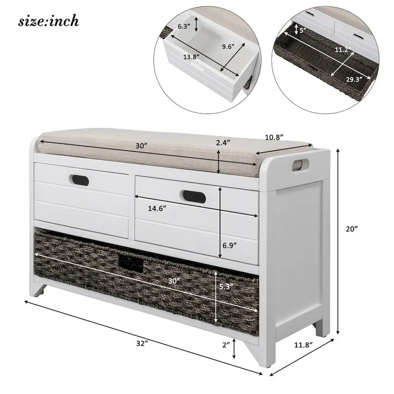 Banc de rangement en bois avec panier amovible et 2 tiroirs