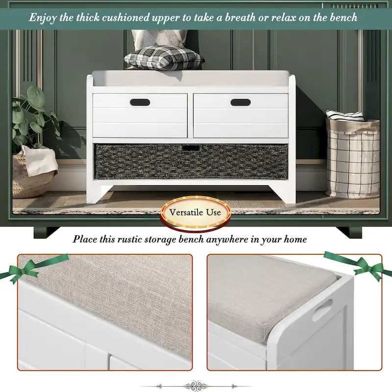 Banc de rangement en bois avec panier amovible et 2 tiroirs