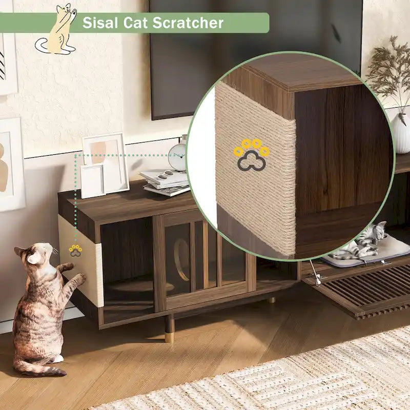 Meuble TV acceptant les animaux avec niche cache-litière et porte coulissante