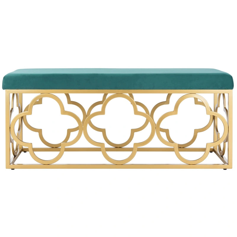 Banc rectangulaire en velours style marocain avec piètement doré à motifs quadrilobes