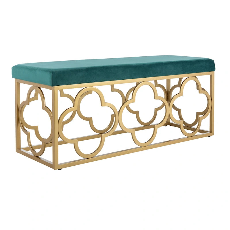 Banc rectangulaire en velours style marocain avec piètement doré à motifs quadrilobes