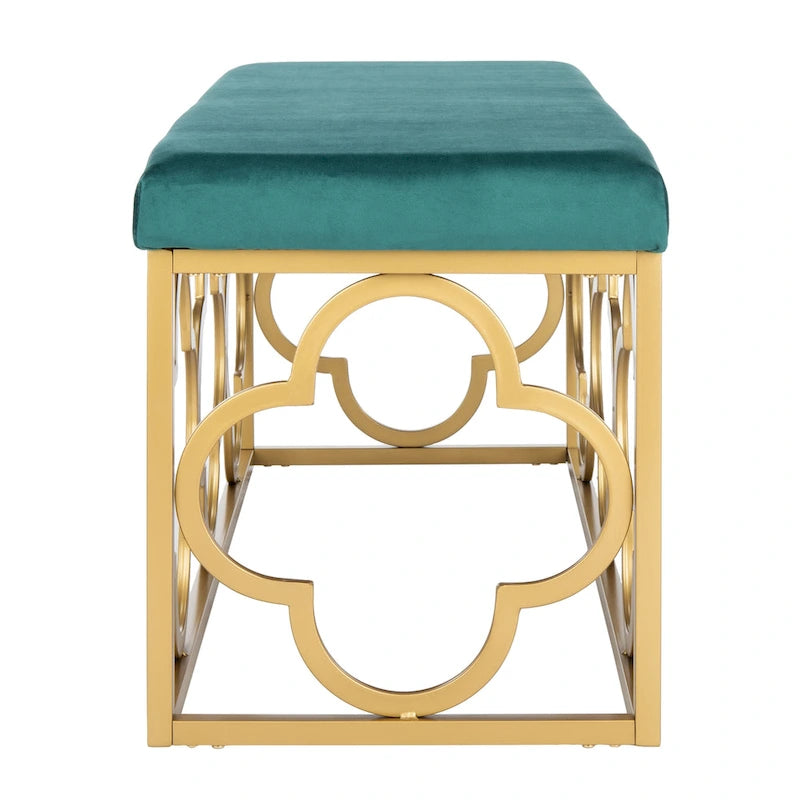 Banc rectangulaire en velours style marocain avec piètement doré à motifs quadrilobes
