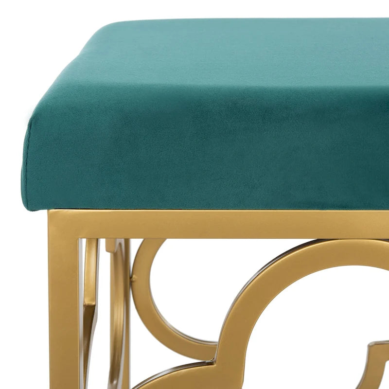 Banc rectangulaire en velours style marocain avec piètement doré à motifs quadrilobes
