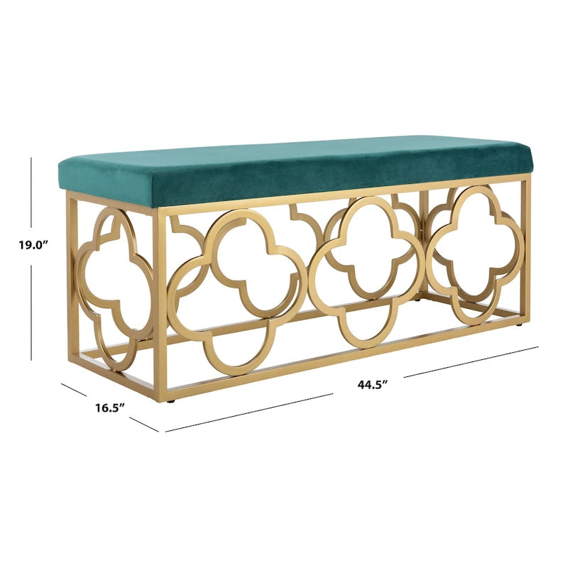 Banc rectangulaire en velours style marocain avec piètement doré à motifs quadrilobes