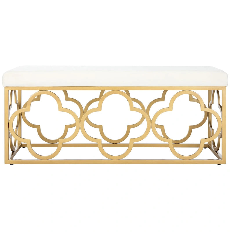 Banc rectangulaire en velours style marocain avec piètement doré à motifs quadrilobes
