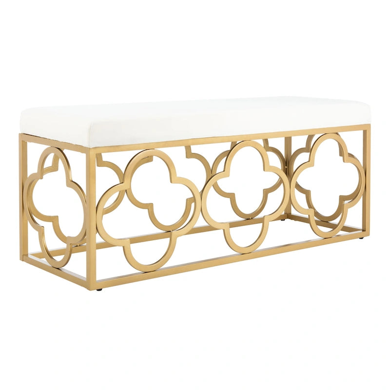Banc rectangulaire en velours style marocain avec piètement doré à motifs quadrilobes