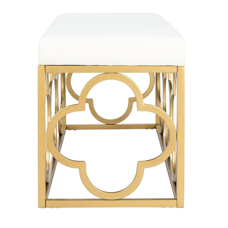Banc rectangulaire en velours style marocain avec piètement doré à motifs quadrilobes