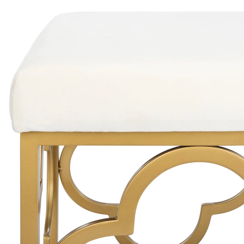 Banc rectangulaire en velours style marocain avec piètement doré à motifs quadrilobes