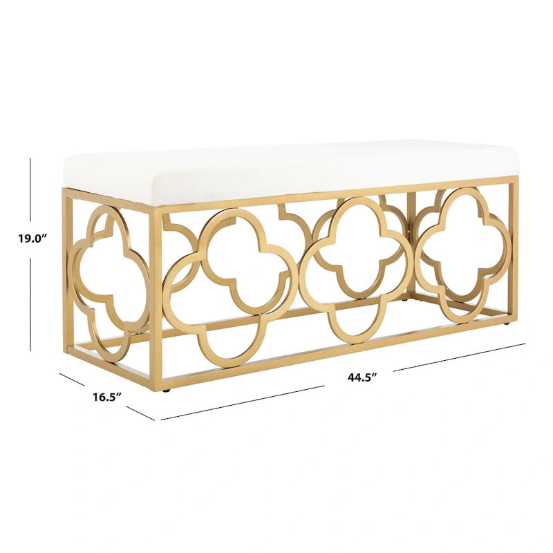 Banc rectangulaire en velours style marocain avec piètement doré à motifs quadrilobes