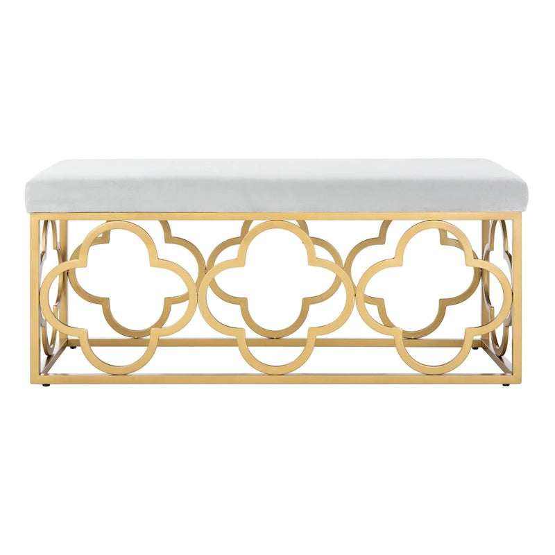 Banc rectangulaire en velours style marocain avec piètement doré à motifs quadrilobes