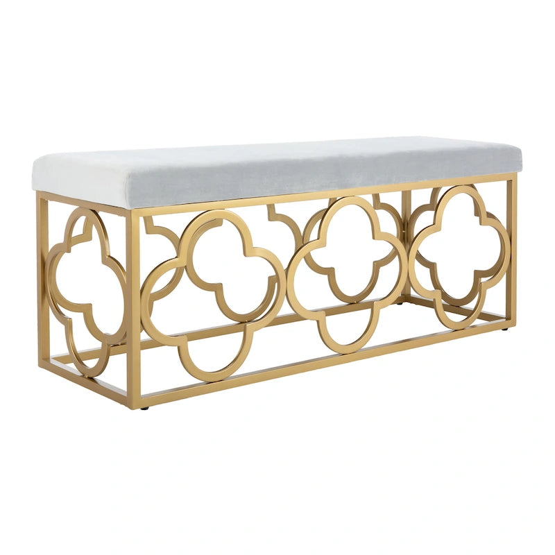 Banc rectangulaire en velours style marocain avec piètement doré à motifs quadrilobes