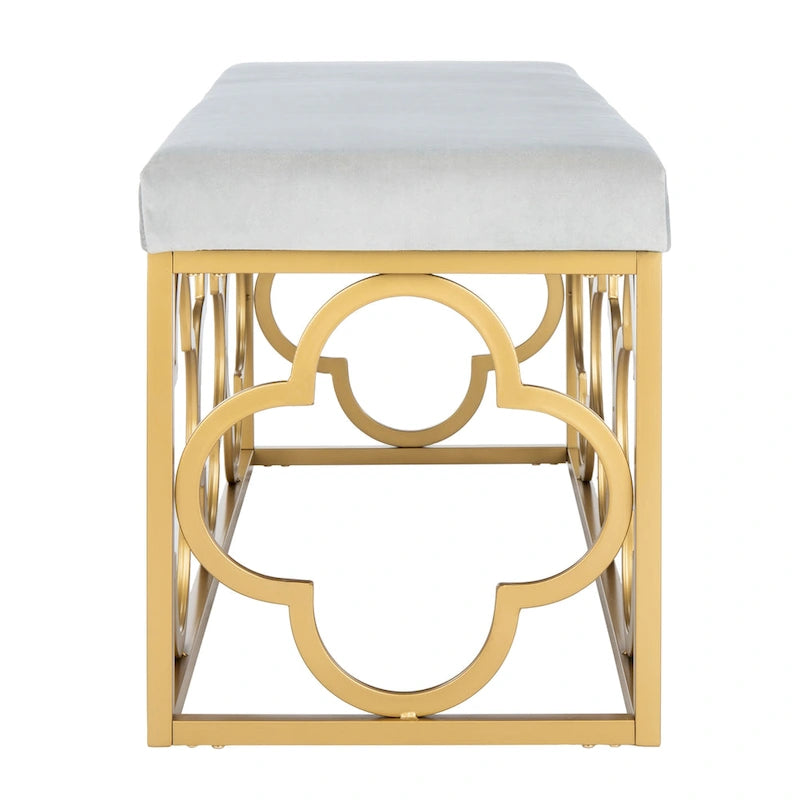Banc rectangulaire en velours style marocain avec piètement doré à motifs quadrilobes