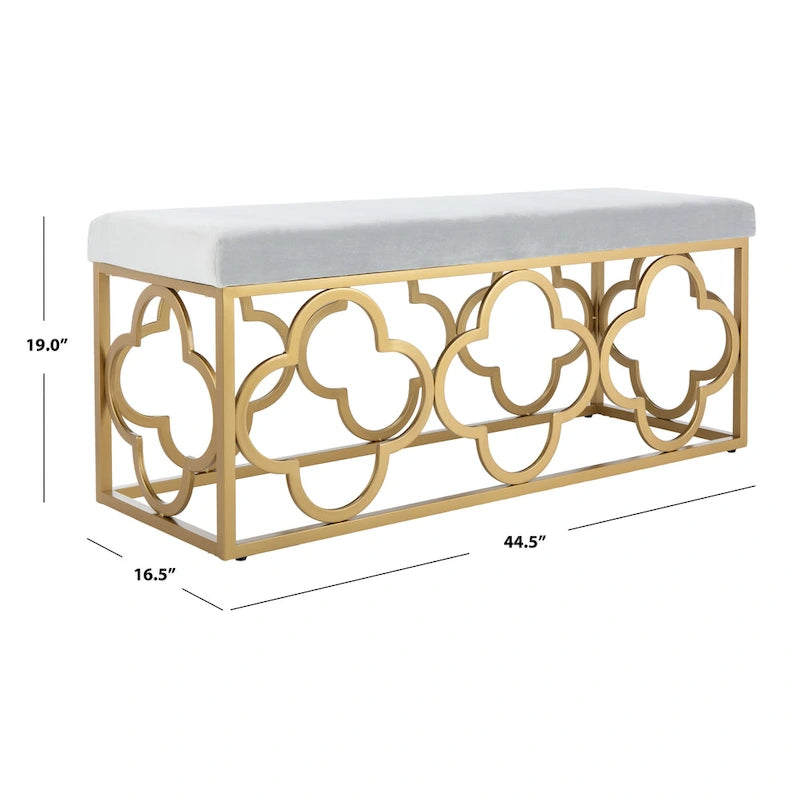 Banc rectangulaire en velours style marocain avec piètement doré à motifs quadrilobes