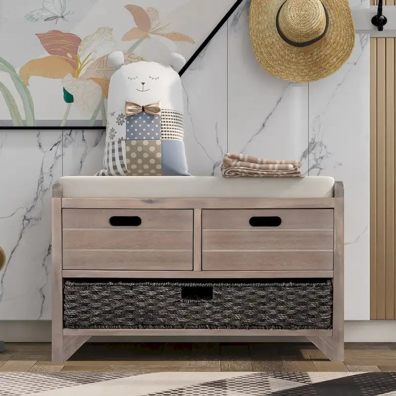 Banc de rangement capitonné avec 2 tiroirs et panier amovible – Aucun assemblage requis
