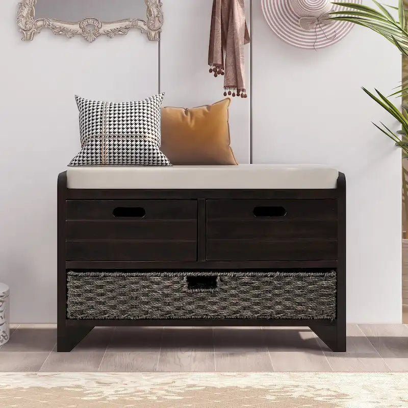 Banc de rangement capitonné avec 2 tiroirs et panier amovible – Aucun assemblage requis