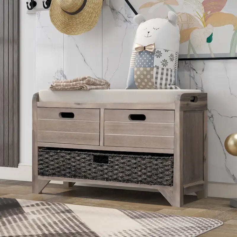 Banc de rangement capitonné avec 2 tiroirs et panier amovible – Aucun assemblage requis