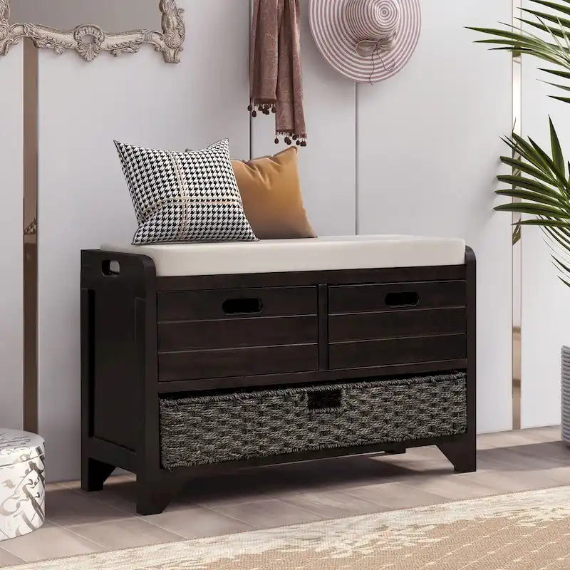 Banc de rangement capitonné avec 2 tiroirs et panier amovible – Aucun assemblage requis